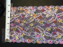 LST-REG-614-MULTIPURPLEGREEN.  STRETCH LACE 6 INCH WIDE - MULTI COLOR PURPLE GREEN