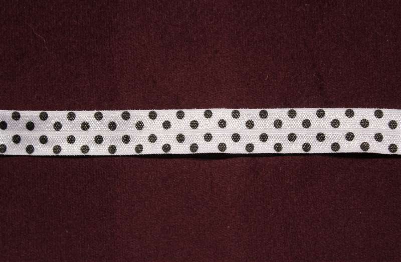 RBN-FOV-103-POLKADOT-WHITE.  ELASTIC FOLD-OVER POLKA DOT WHITE - 5/8 INCH WIDE - PUTUP 50 YARD ROLLS
