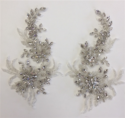 RHS-APL-001-SILVER-PAIR.  Sew-On Clear Crystal Rhinestone Applique for Bridal Gowns -  10 X 6 Inches - One Pair.  Made with high quality clear crystals sewn on a white fabric mesh.