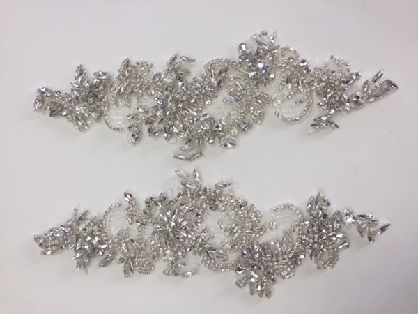 RHS-APL-002-SILVER-PAIR. Sew-On Clear Crystal Rhinestone Applique for Bridal Gowns - 12 X 5 Inches - One Pair. Made with high quality clear crystals sewn on a white fabric mesh.