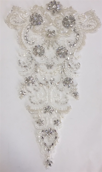 RHS-APL-003-SILVER.  Sew-On Clear Crystal Rhinestones and Pearls Applique with Embroidery-  21 X 12 Inches.  Made with high quality clear crystals and Pearls sewn on a white fabric mesh.