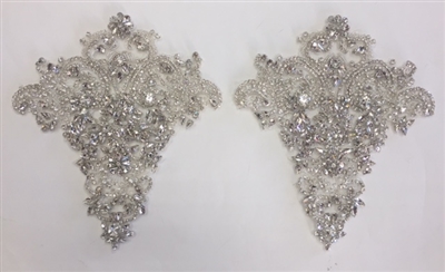 RHS-APL-004-SILVER. Sew-On Clear Crystal Rhinestone Applique for Bridal Gown - 8 x 9 Inches - Sold separately. Made with high quality clear crystals sewn on a white fabric mesh.