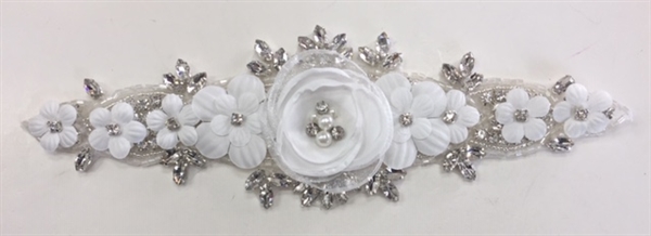 RHS-APL-006-SILVER. Hot-Fix / Sew-On Clear Crystal Rhinestone Applique - 9 x 3 Inches. Made with high quality clear crystals, Beads, Pearls and flowers with a layer of hot-fix glue on the back.