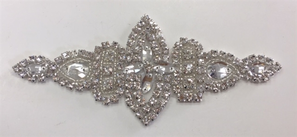 RHS-APL-007-SILVER. Hot-Fix / Sew-On Clear Crystal Rhinestone Applique - 6 x 2.5 Inches. Made with high quality clear crystals, Beads, and with a layer of hot-fix glue on the back.