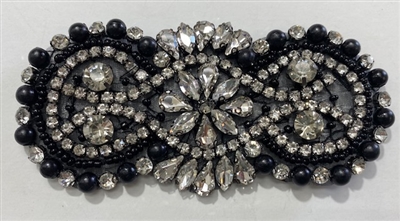 RHS-APL-008-BLACK. Hot-Fix / Sew-On Clear Crystal Rhinestone w/ Black Beads Applique - 4 x 2 Inches. Made with high quality clear crystals, Beads, and Pearls with a layer of hot-fix glue on the back.