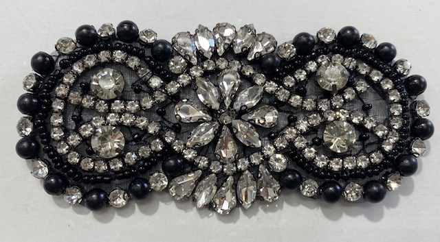 RHS-APL-008-BLACK. Hot-Fix / Sew-On Clear Crystal Rhinestone w/ Black Beads  Applique - 4