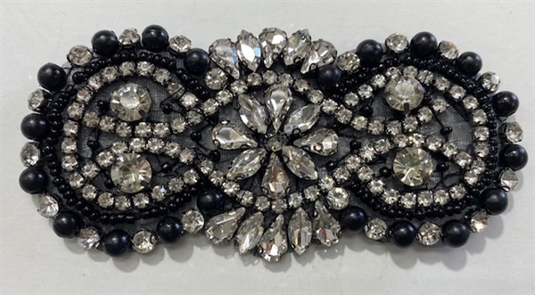 RHS-APL-008-BLACK. Hot-Fix / Sew-On Clear Crystal Rhinestone w/ Black Beads Applique - 4 x 2 Inches. Made with high quality clear crystals, Beads, and Pearls with a layer of hot-fix glue on the back.