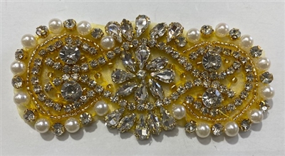 RHS-APL-008-GOLD. Hot-Fix / Sew-On Clear Crystal Rhinestone w/ Gold Beads Applique - 4 x 2 Inches. Made with high quality clear crystals, Beads, and Pearls with a layer of hot-fix glue on the back.