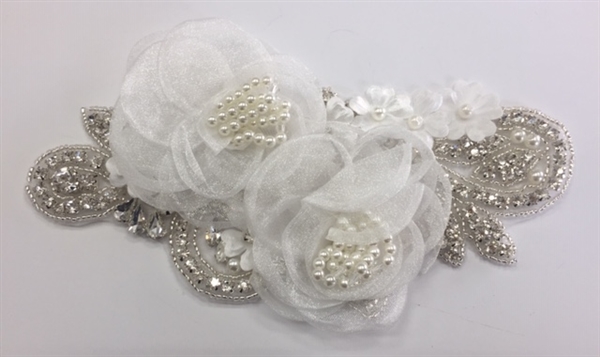 RHS-APL-010-SILVER. Hot-Fix and Sew-On Clear Crystal Rhinestone Applique - With Pearls, Silver Beads and Clear Crystals - 7 x 4 Inches. Can be Used for Making Belts, Sashes, Head-Bands, Party Dresses and Costumes.