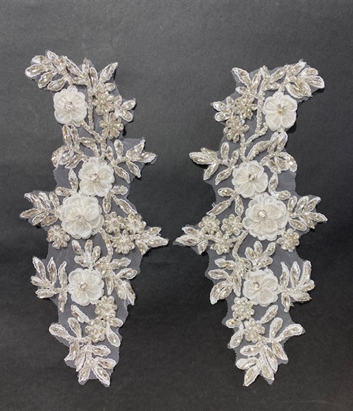 RHS-APL-013-SILVERWHITE-PAIR. Sew-On Clear Crystal Rhinestone Applique With White Flowers and Silver Bea On Tulle - 11 x 5 Inches.. Can be Used for Making Belts, Sashes, Head-Bands, Party Dresses and Costumes.
