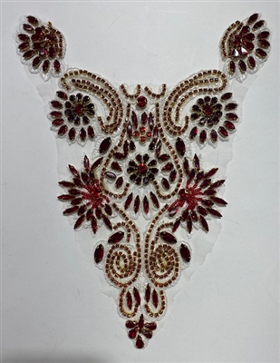 RHS-APL-015-BURGUNDY. Hot-Fix and Sew-On Burgundy Crystal Rhinestone Applique - 10 x 7.5 Inches. Can be Used for Making Necklaces, Shoulder Designs, Jacket Designs, T-Shirts and Costumes.