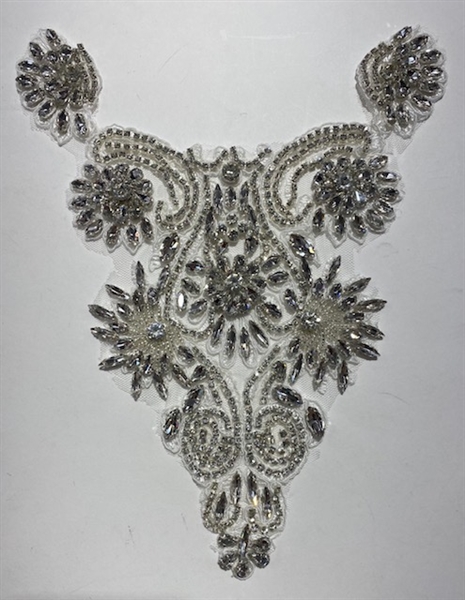RHS-APL-015-CLEARCRYSTAL. Hot-Fix OR Sew-On Clear Crystal Rhinestone Applique On White Mesh - 10 x 7.5 Inches. Can be Used for Making Necklaces, Shoulder Designs, Jacket Designs, T-Shirts and Costumes.