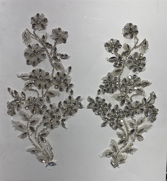 RHS-APL-018-SILVER-PAIR. Sew-On Clear Crystal Rhinestone Applique for Bridal Gowns or Costumes - 11 X 5.5 Inches - One Pair. Made with high quality clear crystals sewn on a white fabric mesh.