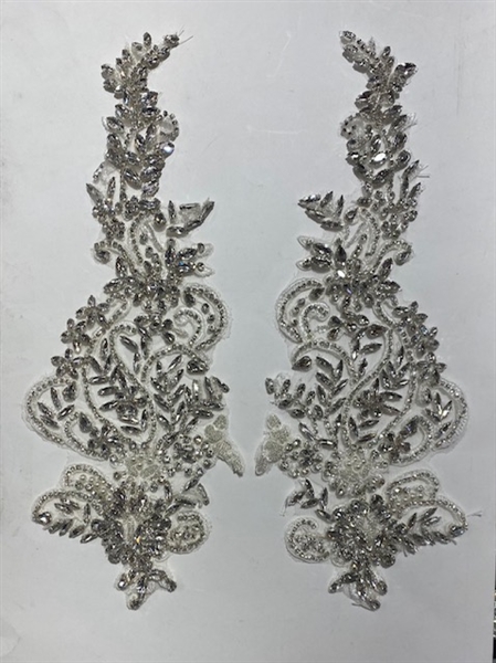 RHS-APL-019-SILVER-PAIR. Sew-On Clear Crystal Rhinestone Applique for Bridal Gowns or Costumes - 15 X 5.5 Inches - One Pair. Made with high quality clear crystals sewn on a white fabric mesh.