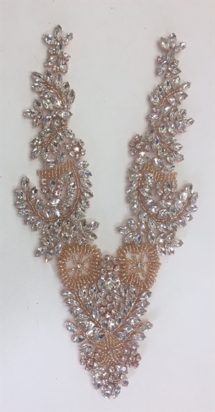 RHS-APL-032-ROSEGOLD. Clear Rhinestone Applique with RosGold Beads V-Neck Style - Hot Fix (Iron-On). 11 x 4.5 Inches