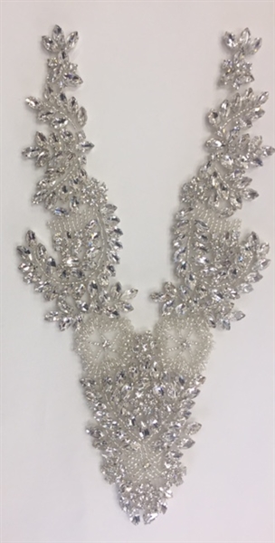 RHS-APL-032-SILVER.  Rhinestone Applique V-Neck Hot Fix. 11 x 4.5 Inches