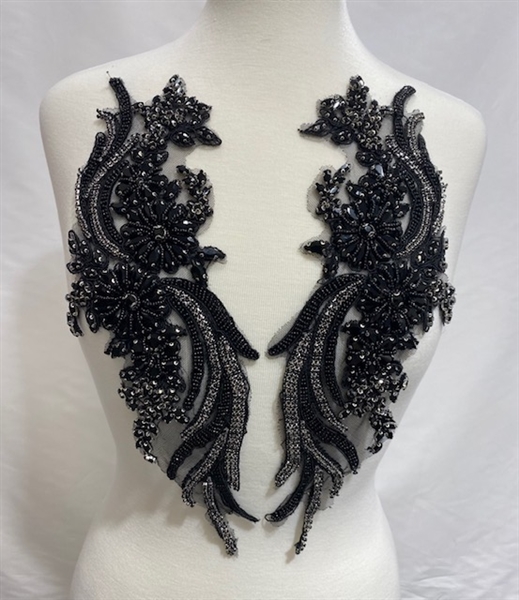 RHS-APL-080-BLACK-PAIR.  Sew-On Black Crystal Rhinestone Applique with Black Beads -  14 X 5  Inches Each - One Pair. Made with high quality black crystals and black beads sewn on a black fabric mesh.
