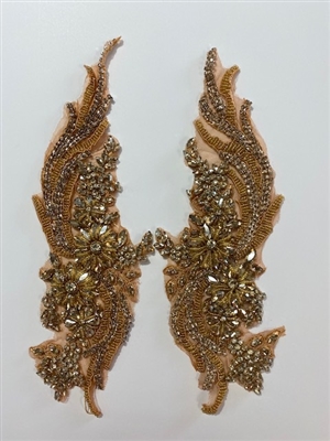 RHS-APL-080-MUSTARD-PAIR.  Sew-On Mustard Crystal Rhinestone Applique with Mustard Beads -  14 X 5  Inches Each - One Pair - Made with high quality Mustard crystals and Mustard beads sewn on a Mustard fabric mesh.