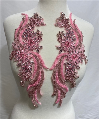 RHS-APL-080-PINK-PAIR.  Sew-On Pink Crystal Rhinestone Applique with Pink Beads -  14 X 5  Inches Each - One Pair- Made with high quality Pink crystals and Pink beads sewn on a Pink fabric mesh.