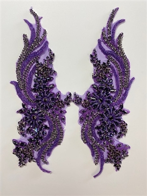RHS-APL-080-PURPLE-PAIR.  Sew-On Purple Crystal Rhinestone Applique with Purple Beads -  14 X 5  Inches Each - One Pair - Made with high quality Purple crystals and Purple beads sewn on a Purple fabric mesh.