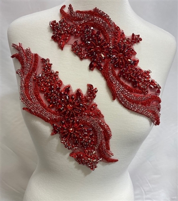 RHS-APL-080-RED-PAIR. Sew-On Red Crystal Rhinestone Applique with Red Beads - 14 X 5 Inches Each - One Pair - Made with high quality Red crystals and Red beads sewn on a Red fabric mesh.