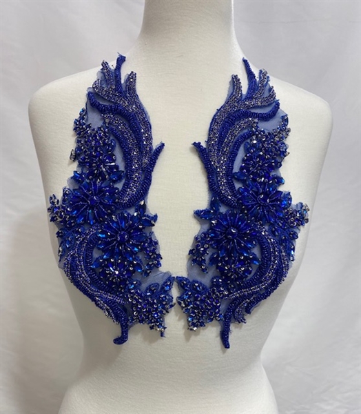 RHS-APL-080-ROYALBLUE-PAIR. Sew-On Royal Blue Crystal Rhinestone Applique with Royal Blue Beads - 14 X 5 Inches Each - One Pair - Made with high quality Royal Blue crystals and Royal Blue beads sewn on a Royal Blue fabric mesh.