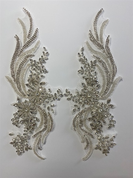 RHS-APL-080-SILVER-PAIR.  Sew-On Silver Crystal Rhinestone Applique with Silver Beads -  14 X 5  Inches Each - One Pair. Made with high quality black crystals and silver beads sewn on a clear fabric mesh.
