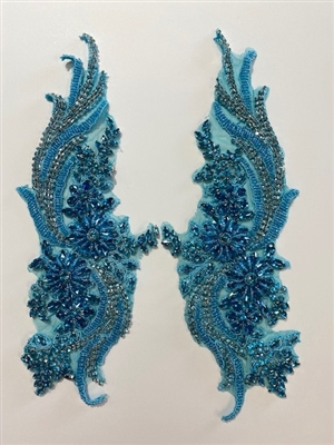 RHS-APL-080-TURQUOISE-PAIR.  Sew-On Turquoise Crystal Rhinestone Applique with Turquoise Beads -  14 X 5  Inches Each - One Pair - Made with high quality Turquoise crystals and Turquoise beads sewn on a Turquoise  fabric mesh.