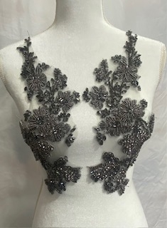 RHS-APL-081-GRAY-PAIR.  Sew-On Gray Crystal Rhinestone Applique with Gray Beads -  15 X 6  Inches Each Applique - Sold as Pair. Made with high quality crystals sewn on a gray fabric mesh.
