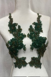 RHS-APL-081-HUNTERGREEN-PAIR.  Sew-On Hunter Green Crystal Rhinestone Applique with Green Beads -  14 X 5  Inches Each  Piece - Sold as a  Pair - Made with high quality Green crystals and Green beads sewn on a Green fabric mesh.