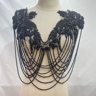 RHS-APL-082-BLACK-BODICE.  Sew-On Black Crystal Rhinestone Bodice Applique with Black Beads -  18.5"  X 17.5"