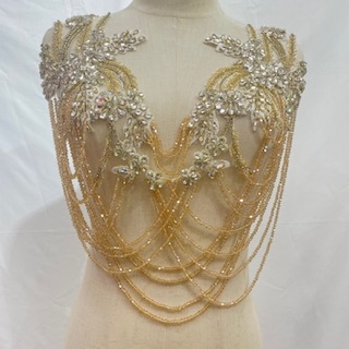 â€‹RHS-APL-082-GOLD-BODICE.  Sew-On Bodice Crystal Rhinestone Bodice Applique with Gold Beads -  18.5"  X 17.5"