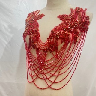 RHS-APL-082-RED-BODICE. Crystal Rhinestone Bodice Applique with Red Beads - 18.5 X 17.5 Inched