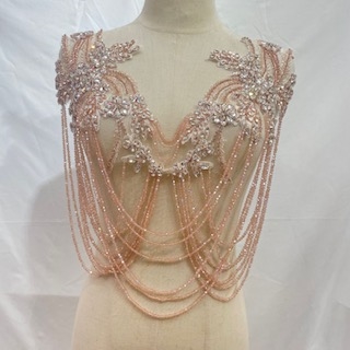 RHS-APL-082-ROSEGOLD-BODICE. Crystal Rhinestone Bodice Applique with Rose Gold Crystals & Beads - 18.5" X 17.5"