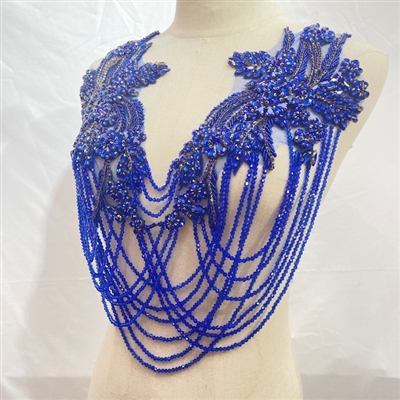 RHS-APL-082-ROYALBLUE-BODICE. Crystal Rhinestone Bodice Applique with Royal Blue Crystals and Beads - 18.5" X 17.5"