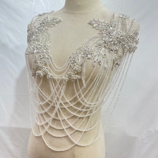RHS-APL-082-WHITE-BODICE. Crystal Rhinestone Bodice Applique with White Crystals and Beads - 18.5" X 17.5"