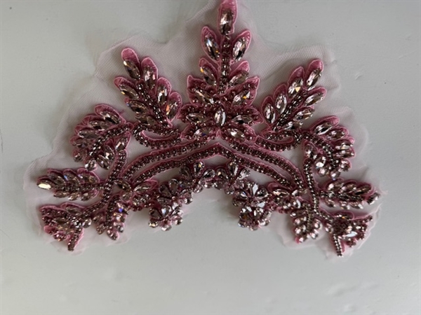 RHS-APL-084-PINK.  Pink Crystal Rhinestone Applique with Pink Embroidery- 12" x 10"