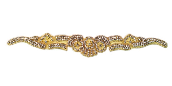 RHS-APL-1376-GOLD.  CRYSTAL RHINESTONE APPLIQUE - 12.5" x 1.75"