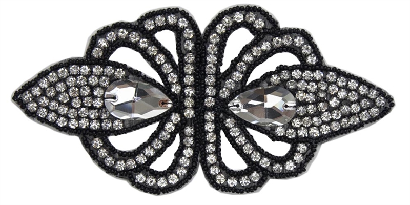 RHS-APL-020-BLACK-PAIR. Sew-On Clear Crystal Rhinestone Applique with Black  Beads on net for Bridal Gowns or Costumes - 16 X 5.5 Inches - One Pair.