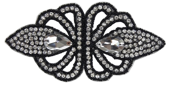 RHS-APL-1493-BLACK.  Crystal Rhinestone Applique With Black Beads - 6" x 3"