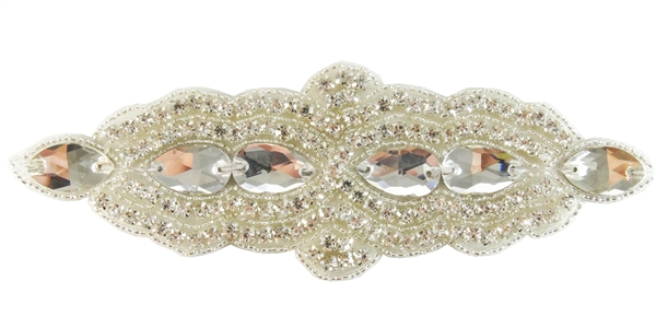 RHS-APL-1500-SILVER.  CRYSTAL RHINESTONE APPLIQUE WITH SILVER BEADS - 7" X 2"