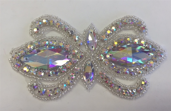 RHS-APL-1504-AB. CRYSTAL RHINESTONE APPLIQUE WITH AB STONES AND SILVER BEADS- 2 X 4 INCHES