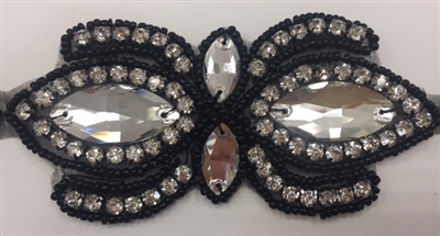 RHS-APL-1504-BLACK. CRYSTAL RHINESTONE APPLIQUE WITH CLEAR STONES AND BLACK BEADS- 2 X 4 INCHES