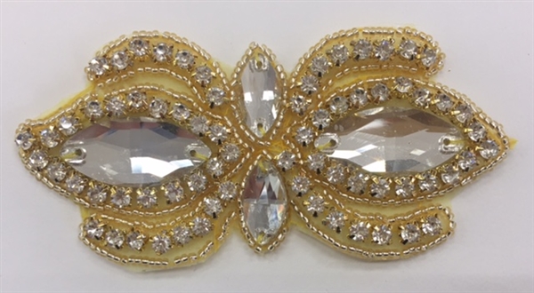 RHS-APL-1504-GOLD. CRYSTAL RHINESTONE APPLIQUE WITH CLEAR STONES AND GOLD BEADS- 2 X 4 INCHES