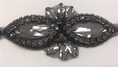 RHS-APL-1507-BLACKBLACK. CRYSTAL RHINESTONE APPLIQUE WITH BLACK STONES AND BLACK BEADS- 2 X 3.75 INCHES