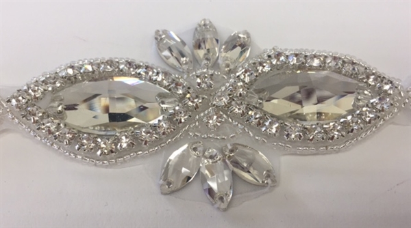 RHS-APL-1507-SILVER.  CRYSTAL RHINESTONE APPLIQUE - 4.25 X 2 INCHES