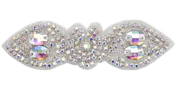 RHS-APL-1548-AB.  CRYSTAL RHINESTONE APPLIQUE WITH SILVER BEADS - 11.5" X 4.5"