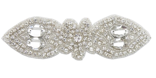 RHS-APL-1548-SILVER.  CRYSTAL RHINESTONE APPLIQUE WITH SILVER BEADS - 6" X 2"