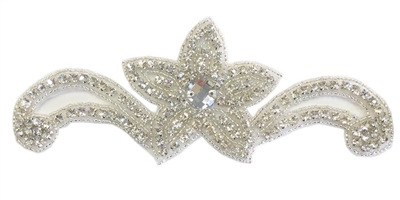 RHS-APL-1549-SILVER.  CRYSTAL RHINESTONE APPLIQUE WITH SILVER BEADS - 7" X 2.5"