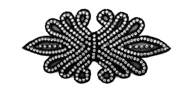 RHS-APL-158-BLACK.  CRYSTAL RHINESTONE APPLIQUE WITH BLACK BEADS - 8" X 4"